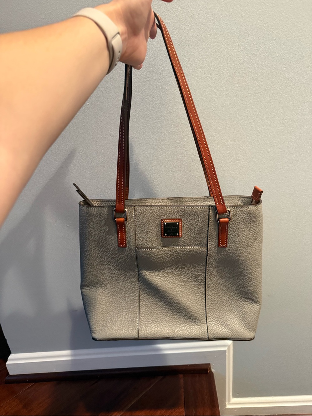 Dooney & Bourke Gray Pebble Leather Tote with Brown Straps and Front Pocket - Picture 10 of 10